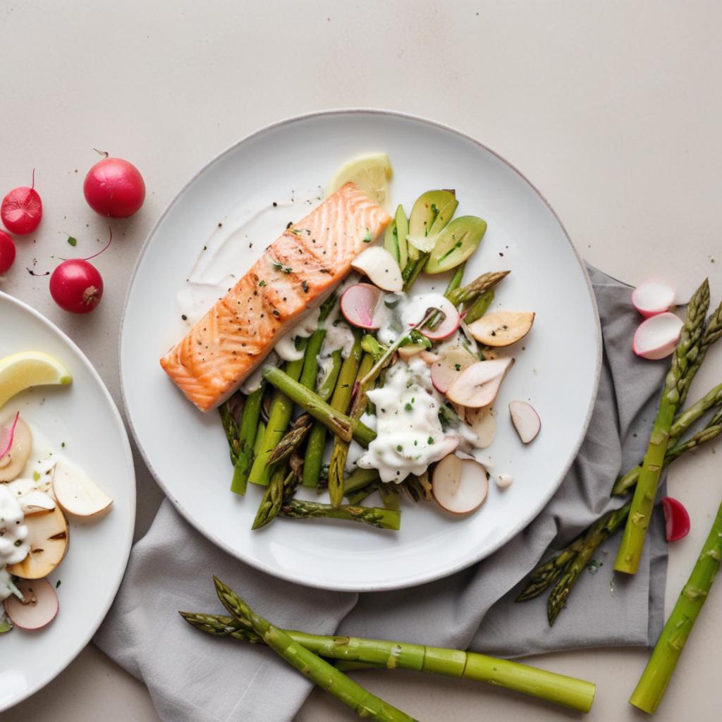 a grilled smoked trout fillet served with roasted aspara
