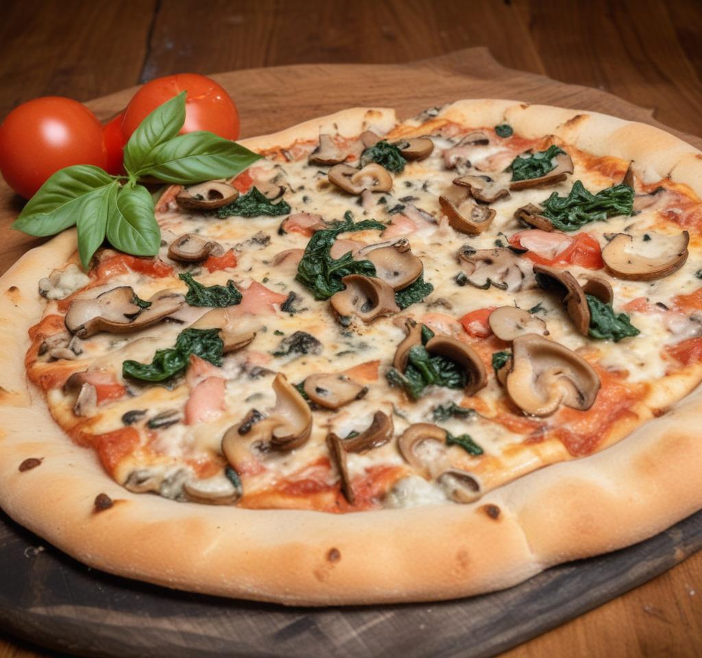 a pizza with mushrooms spinach and smoked trout fl