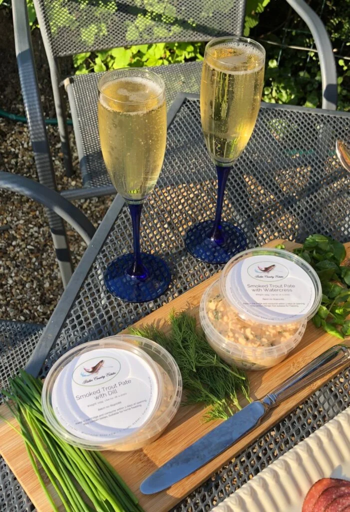 sparkling wine and butler country estates smoked trout