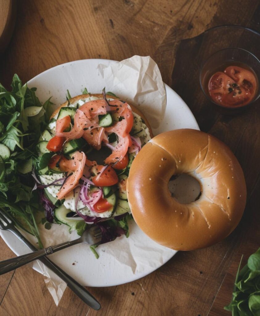 a smoked trout bagel and a salad with tomatoes cuc