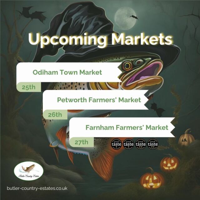 🎃 TRICK OR TROUT 🎃 Get ready to reel in some spooky-good flavours! This week we will be attending 3 fang-tastic markets! Come find our hauntingly delicious award-winning trout products! Friday 👻 Odiham Town Market 8:30 am – 12:30 pm - Saturday 🎃 Petworth Farmers' Market 09:00-13:00 - Sunday 🕸️ Farnham Farmers' Market 10:00-13:30 Sink your teeth into these delicious Halloween treats—no tricks, just mouth-watering goodies! 🎃🎣 #hampshiretrout #freshtrout #smokedtroutpate #freshsmokedtroutpate #smokedfish #smallbusiness #supportlocal #buylocal #localproduce #foodproducers #farmersmarket #awardwinner #awardwinning #petworth #petworthuk #farnham #odiham