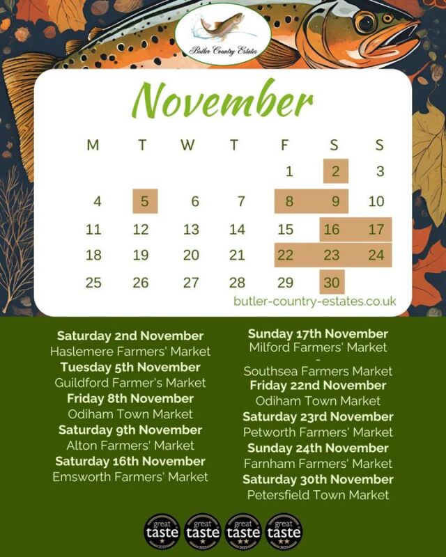 Find us this November! Save and Share for later reference! 🍁🌰🐟🍂🎣 Saturday 2nd November Haslemere Farmers' Market Tuesday 5th November Guildford Farmer's Market Friday 8th November Odiham Town Market Saturday 9th November Alton Farmers' Market Saturday 16th November Emsworth Farmers' Market Sunday 17th November Milford Farmers' Market - Southsea Farmers Market Friday 22nd November Odiham Town Market Saturday 23rd November Petworth Farmers' Market Sunday 24th November Farnham Farmers' Market Saturday 30th November Petersfield Town Market We look forward to seeing you this month! 🤩💚🍁⭐️🐟 #freshtrout #smokedtroutpate #smokedfish #smallbusiness #supportlocal #buylocal #localproduce #foodproducers #farmersmarket #greattaste #hampshire #hampshirefarmers #hampshirefarmersmarket #schedule #monthly #monthlymarket #monthlyplanner #schedule #autumn #autumnvibes #autumn2024 #markets #marketstall #marketseason