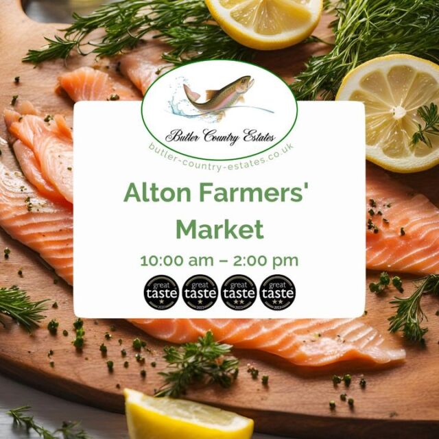 Good morning! We'll be at Alton Farmers' Market this Saturday, come see us between 10:00am - 2:00pm! In case you can't make it this week, you can always purchase our products online through our website. Please visit our shop for more details. butler-country-estates.co.uk ⭐️💚🐟🎣🤩 #hampshiretrout #freshtrout #smokedtroutpate #freshsmokedtroutpate #smokedfish #smallbusiness #supportlocal #buylocal #localproduce #foodproducers #farmersmarket #awardwinner #awardwinning #alton