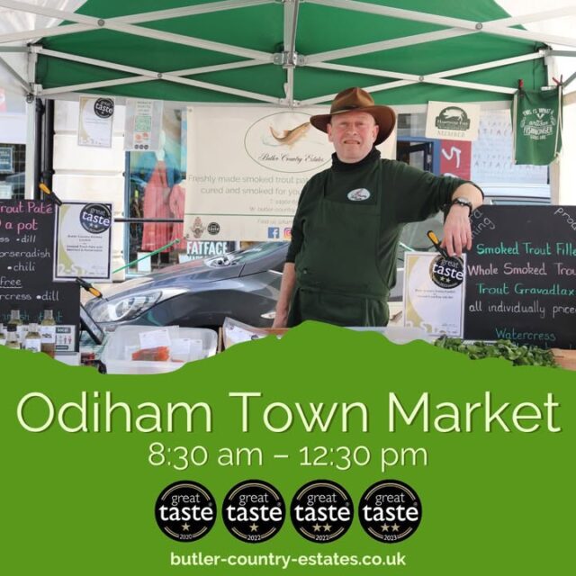 Good morning! We’re at Odiham Market today from 8:30am to 12:30pm with our irresistible, freshly prepared trout! Can’t make it this morning? No worries, you can shop our full range online at butler-country-estates.co.uk, or pop by The Troutlet in Winchester every Thursday and Friday from 12–4pm. 🎣💚⭐🐟 #hampshiretrout #freshtrout #smokedtroutpate #freshsmokedtroutpate #smokedfish #smallbusiness #supportlocal #buylocal #localproduce #foodproducers #farmersmarket #odiham