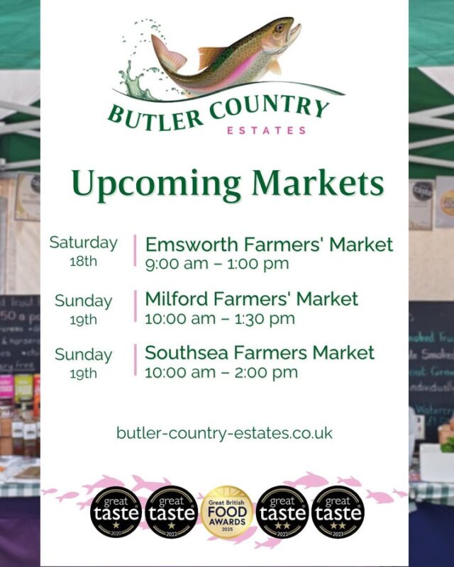 We will be at 3 fantastic markets this weekend. Come along and support lots of amazing producers! ⭐ Saturday 📍 Emsworth Farmers' Market 🕙 10:00 am – 1:00 pm - ⭐ Sunday 📍 Milford Farmers' Market 🕙 10:00 am – 1:30 pm 📍 Southsea Farmers' Market 🕙 10:00 am – 2:00 pm We can't wait to see you! 💚⭐️🐟🎣 #hampshiretrout #freshtrout #smokedtroutpate #freshsmokedtroutpate #smokedfish #smallbusiness #supportlocal #buylocal #localproduce #farmersmarket #awardwinner #awardwinning #emsworth #emsworthmarket #emsworthfarmersmarket #milford #milfordmarket #southsea #southseamarket