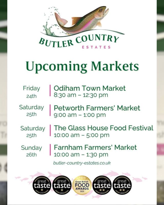 We will be attending 4 brilliant markets this weekend! ⭐ Friday 📍 Odiham Town Market 🕙 8:30 am – 12:30 pm - ⭐ Saturday 📍 Petworth Farmers' Market 🕙 9:00 am – 1:00 pm - ⭐ Saturday 📍 The Glass House Food Festival 2026 🕙 10:00 am – 5:00 pm - ⭐ Sunday 📍 Farnham Farmers' Market 🕙 10:00 am – 1:30 pm Come by, say hi, and stock up on lots of treats! 🐟✨ #hampshiretrout #freshtrout #smokedtroutpate #freshsmokedtroutpate #smokedfish #smallbusiness #supportlocal #buylocal #localproduce #farmersmarket #awardwinner #odiham #petworth #glasshouse #farnham