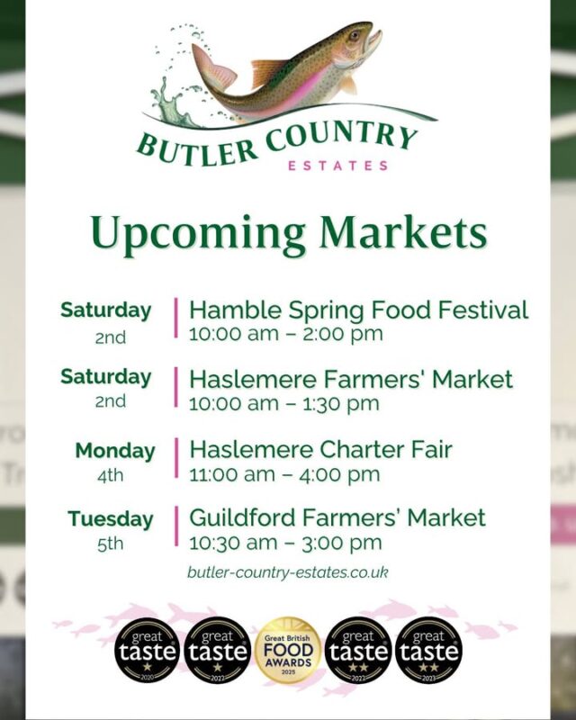 We have a very busy few days coming up! 📍 Hamble Spring Food Festival – 10:00 am to 2:00 pm 📍 Haslemere Farmers' Market – 10:00 am to 1:30 pm 📍 Haslemere Charter Fair – 11:00 am to 4:00 pm 📍 Guildford Farmers’ Market – 10:30 am to 3:00 pm ⭐️You’ll find us at Foreshore Car Park, Hamble SO31 4JB ⭐️ 🛒 butler-country-estates.co.uk #hampshiretrout #freshtrout #smokedtroutpate #freshsmokedtroutpate #smokedfish #smallbusiness #supportlocal #buylocal #localproduce #foodproducers #farmersmarket #awardwinner #awardwinning #petersfield #hamble #hamblefood #hamblefoodfestival #haslemere #foodfest #foodfestival