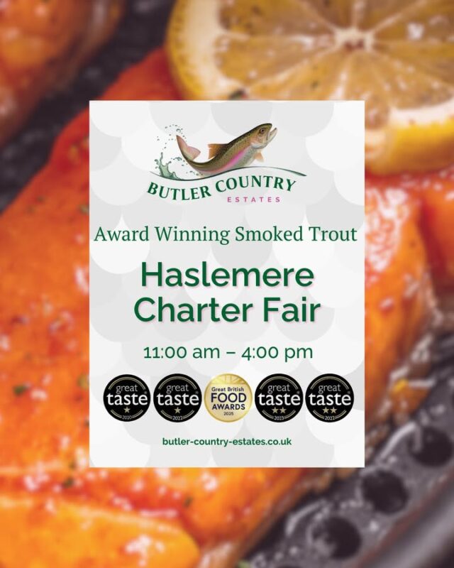 Good morning and happy bank holiday! We are at Haslemere Charter Fair today! Join us from 11am–5pm as the High Street and West Street transform into a lively fairground filled with rides, many stalls, and plenty of fun for all the family. There’s even a free courtesy bus running from Shottermill straight to the fair. Come down and soak up the atmosphere! You can also buy our products online and at the Troutlet! 📆 Now open Monday to Friday ⏰ 10 AM – 4 PM 🎣💚⭐️🐟 #hampshiretrout #freshtrout #smokedtroutpate #freshsmokedtroutpate #smokedfish #smallbusiness #supportlocal #buylocal #localproduce #foodproducers #farmersmarket