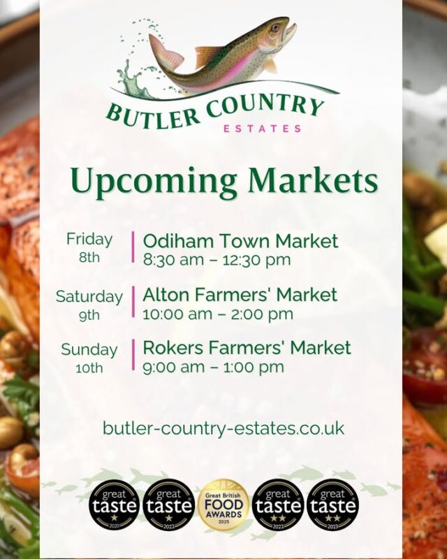 Hello! We have another busy weekend ahead, join us at 3 brilliant markets! 💚 📍 Odiham Town Market – 08:30–12:30 📍 Alton Farmers' Market – 10:00–14:00 📍 Rokers Farmers' Market – 09:00–13:00 We can’t wait to see you there! 🎣 #hampshiretrout #freshtrout #smokedtroutpate #freshsmokedtroutpate #smokedfish #smallbusiness #supportlocal #buylocal #localproduce #foodproducers #farmersmarket #awardwinner #awardwinning #odiham #alton #rokers