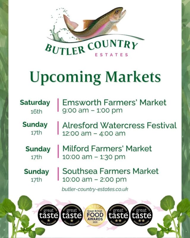 Good morning! We have a very busy weekend ahead, lots of delicious trout has been smoking to be turned into all our delicious treats! We have 1 Market Saturday and 3 on Sunday. We are back for the brilliant Alresford Watercress Festival this Sunday, it is a family friendly free festival. We can't wait to see you this weekend! 💚⭐️🐟🎣 #hampshiretrout #freshtrout #smokedtroutpate #freshsmokedtroutpate #smokedfish #smallbusiness #supportlocal #buylocal #localproduce #farmersmarket #awardwinner #awardwinning #milford #milfordmarket #southsea #southseamarket #watercress #watercressfestival #alresford