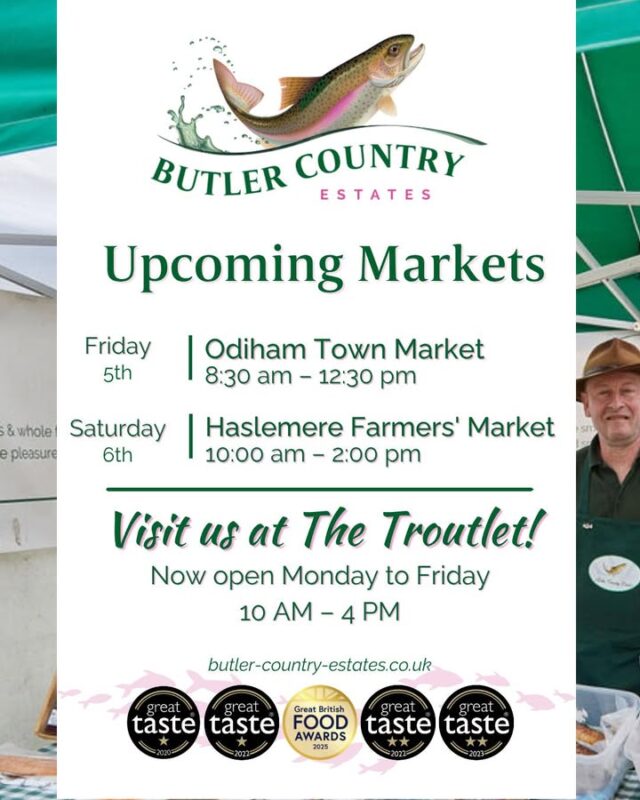 Come grab some delicious award winning trout fillets, pate and more at 2 fantastic markets! ⭐ Friday 📍 Odiham Town Market 🕙 8:30 am – 12:30 pm - ⭐ Saturday 📍 Haslemere Farmers' Market 🕙 10:00 am – 2:00 pm You can also buy our products online and at the Troutlet! 📆 Now open Monday to Friday ⏰ 10 AM – 4 PM #hampshiretrout #freshtrout #smokedtroutpate #freshsmokedtroutpate #smokedfish #smallbusiness #supportlocal #buylocal #localproduce #foodproducers #farmersmarket #greattaste #hampshire #hampshirefarmers #hampshirefarmersmarket #odiham #haslemere