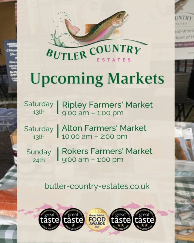We are at 3 great markets this weekend! 📍 Ripley Farmers' Market – 9:00 – 13:00 📍 Alton Farmers' Market – 10:00–14:00 📍 Rokers Farmers' Market – 09:00–13:00 You can also shop online or visit the Troutlet! 📆 Open Monday to Friday ⏰ 10am – 4pm 🛒 butler-country-estates.co.uk #hampshiretrout #freshtrout #smokedtroutpate #freshsmokedtroutpate #smokedfish #smallbusiness #supportlocal #buylocal #localproduce #foodproducers #farmersmarket #awardwinner #awardwinning