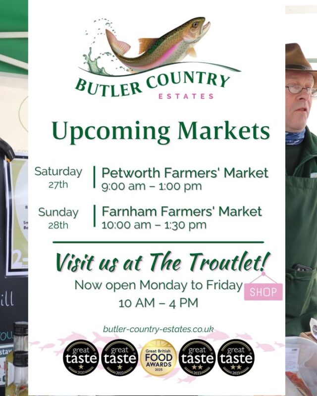 Come grab some delicious award winning trout fillets, pate and more at 2 wonderful weekend markets! You can also buy our products online and at the Troutlet! 📆 Now open Monday to Friday ⏰ 10 AM – 4 PM We hope to see you this weekend!! 💚⭐️🐟🎣 #hampshiretrout #freshtrout #smokedtroutpate #freshsmokedtroutpate #smokedfish #smallbusiness #supportlocal #buylocal #localproduce #foodproducers #farmersmarket #greattaste #hampshire #hampshirefarmers #hampshirefarmersmarket #petworth #farnham