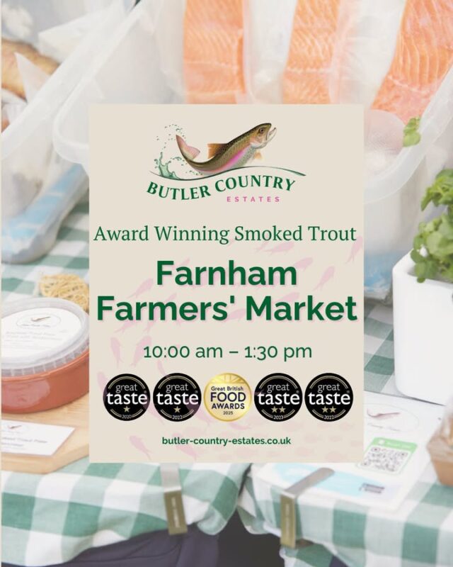 Good morning Farnham! Come find our delicious trout this morning at Farnham Farmers' Market between 10:00 am – 1:30 pm! (now the weather has cooled!) You can also buy our products online and at the Troutlet! 📆 Now open Monday to Friday ⏰ 10 AM – 4 PM ⭐️🐟💚⭐️ #freshtrout #smokedtroutpate #smokedfish #supportlocal #buylocal #localproduce #foodproducers #farmersmarket #greattaste #hampshire #hampshirefarmers #hampshirefarmersmarket #weekend #farnham #farnhamfoodie