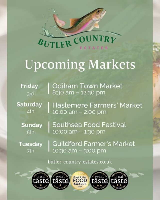 Good afternoon! We have a busy week ahead and have already been very bsuy preparing and making for these upcoming markets! Come along and support lots of amazing small businesses, including our multi award-winning trout products!! You can also buy our products online and at the Troutlet! 📆 Now open Monday to Friday ⏰ 10 AM – 4 PM #hampshiretrout #freshtrout #smokedtroutpate #freshsmokedtroutpate #smokedfish #smallbusiness #supportlocal #buylocal #localproduce #foodproducers #farmersmarket #Odiham #haslemere #southsea #southseafood #southseafoodfestival #Guildford