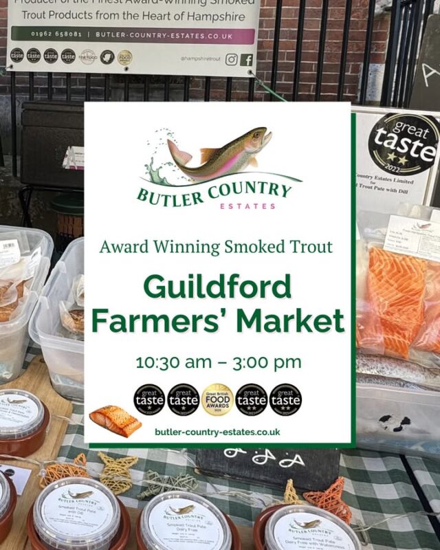 Good Morning! We are back at Guildford this morning! We have our delicious trout products with us, pop down and say hello this Tuesday!💚🐟 You can also buy our products online and at the Troutlet! 📆 Now open Monday to Friday ⏰ 10 AM – 4 PM #hampshiretrout #freshtrout #smokedtroutpate #freshsmokedtroutpate #smokedfish #smallbusiness #supportlocal #buylocal #localproduce #foodproducers #farmersmarket #greattaste #hampshire #hampshirefarmers #hampshirefarmersmarket #Guildford #guildfordsurrey