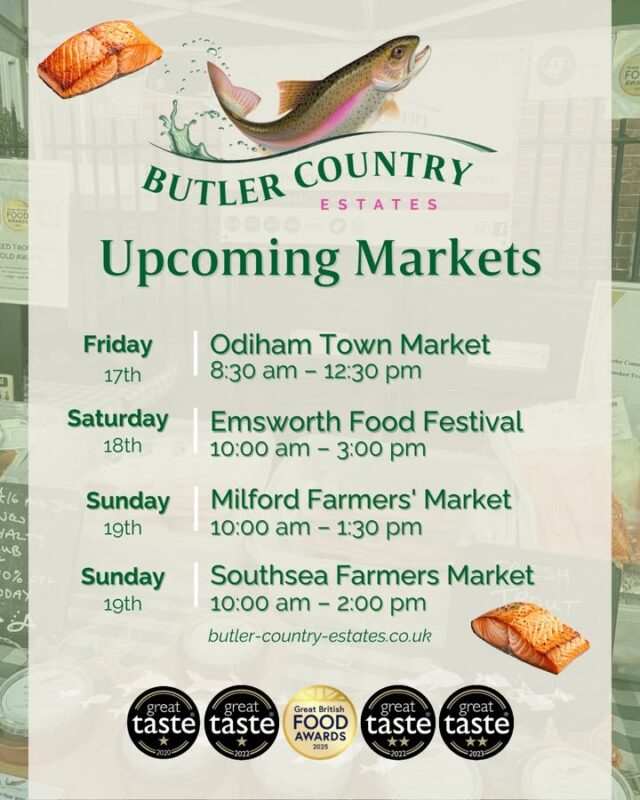 Good afternoon! We have already been super busy preparing for this weekends markets as we have another busy week! We are very thankful to everyone who shows up week after week to support us! ⭐ Friday 📍 Odiham Town Market 🕙 8:30 am – 12:30 pm - ⭐ Saturday 📍 Emsworth Farmers' Market 🕙 10:00 am – 3:00 pm - ⭐ Sunday 📍 Milford Farmers' Market 🕙 10:00 am – 1:30 pm 📍 Southsea Farmers' Market 🕙 10:00 am – 2:00 pm You can also buy our products online and at the Troutlet! 📆 Now open Monday to Friday ⏰ 10 AM – 4 PM #hampshiretrout #freshtrout #smokedtroutpate #freshsmokedtroutpate #smokedfish #smallbusiness #supportlocal #buylocal #localproduce #foodproducers #farmersmarket #Odiham #emsworth #foodfestival #milford #southsea