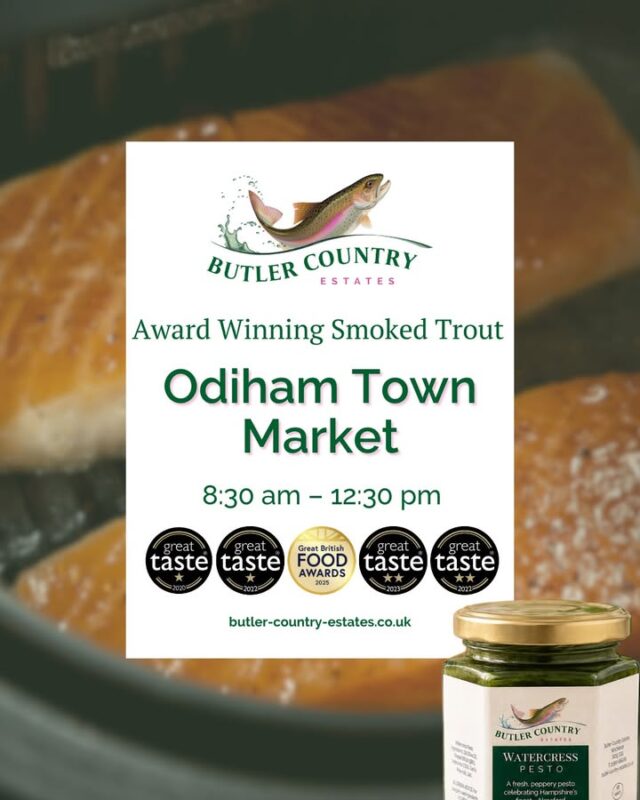 Good morning! We are at Odiham Town Market this morning! The weather is still brilliant, come along and grab some treats ahead of the weekend! Can’t swing by in person? You can still shop online! Head to our website for all the details. butler-country-estates.co.uk ⭐️🐟💚⭐️ #hampshiretrout #freshtrout #smokedtroutpate #freshsmokedtroutpate #smokedfish #smallbusiness #supportlocal #buylocal #localproduce #foodproducers #farmersmarket #odiham