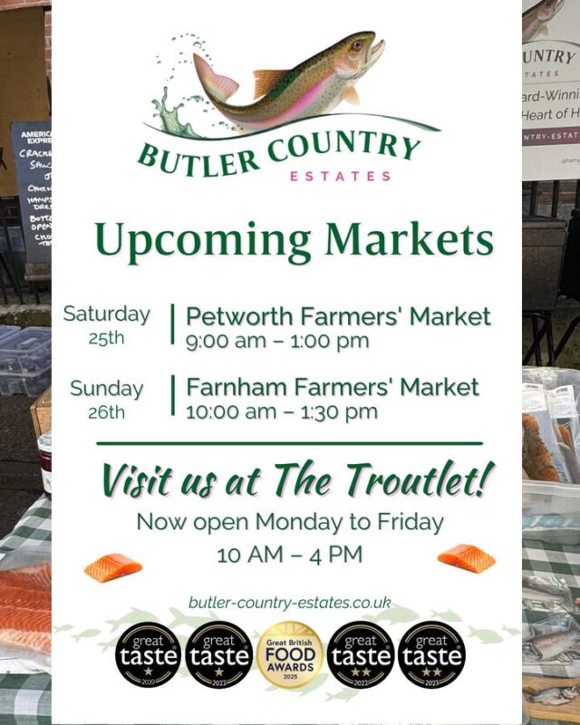 We are at Petworth and Farnham farmers' markets this weekend! Treat yourself to our delicious award winning trout fillets, pate and more! You can also buy our products online and at the Troutlet! 📆 Now open Monday to Friday ⏰ 10 AM – 4 PM We hope to see you this weekend!! 💚⭐️🐟🎣 #hampshiretrout #freshtrout #smokedtroutpate #freshsmokedtroutpate #smokedfish #smallbusiness #supportlocal #buylocal #localproduce #foodproducers #farmersmarket #greattaste #hampshire #hampshirefarmers #hampshirefarmersmarket #petworth #farnham