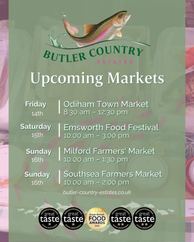 This week will be our last few markets until September as we will be closing for a couple weeks to have a very well earned break! Make sure to stock up on your favourite bits! ❄️ All our trout is perfect to enjoy now or you can pop in the freezer for later! ❄️ ⭐ Friday 📍 Odiham Town Market 🕙 8:30 am – 12:30 pm - ⭐ Saturday 📍 Emsworth Farmers' Market 🕙 9:00 am – 1:00 pm - ⭐ Saturday 📍 Milford Farmers' Market 🕙 10:00 am – 1:30 pm - ⭐ Sunday 📍Southsea Farmers Market 🕙 10:00 am – 2:00 pm Come by, say hi, and stock up on lots of treats! 🐟✨ #hampshiretrout #freshtrout #smokedtroutpate #freshsmokedtroutpate #smokedfish #smallbusiness #supportlocal #buylocal #localproduce #farmersmarket #awardwinner #odiham #petworth #glasshouse #farnham
